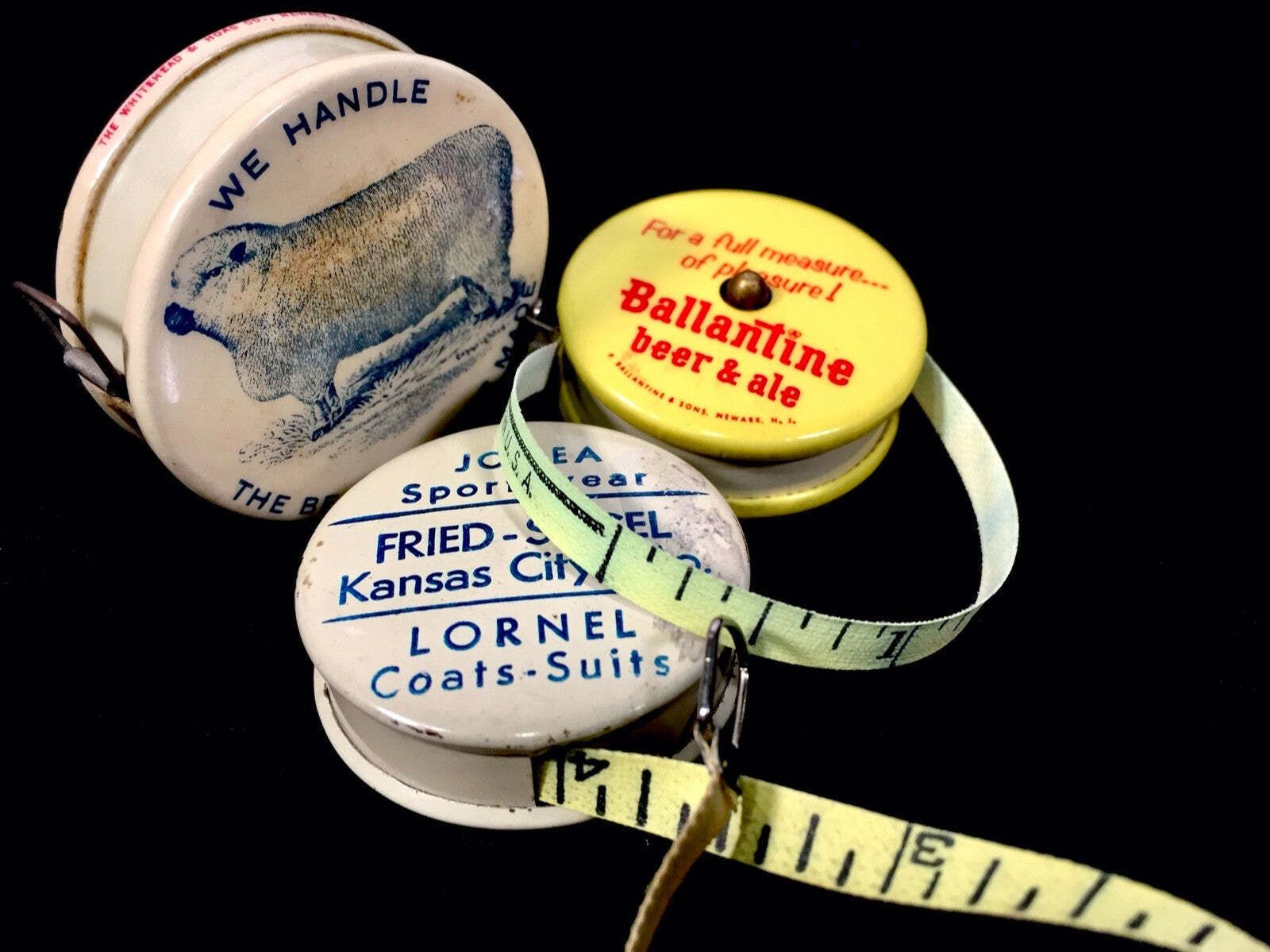 Antique Advertising Set Of 3 Miniature American Store Promotional Tape Measures photo for sale