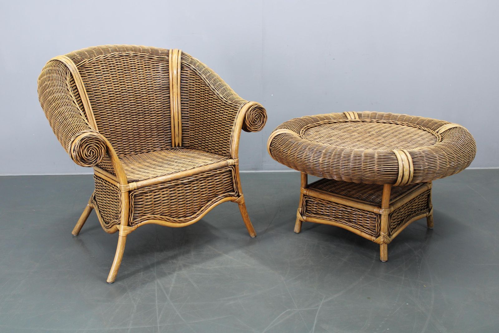 Vintage Organic Rattan Armchair And Round Coffee Table Set, 1980s 1990s photo furniture
