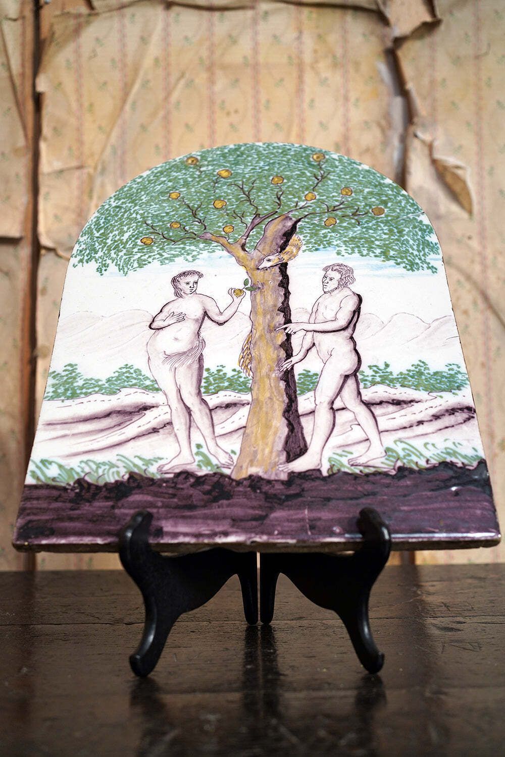 A Large Late 18thc Earthenware Plaque Of The Fall Of Adam And Eve & The Tree Of Knowledge C.1780