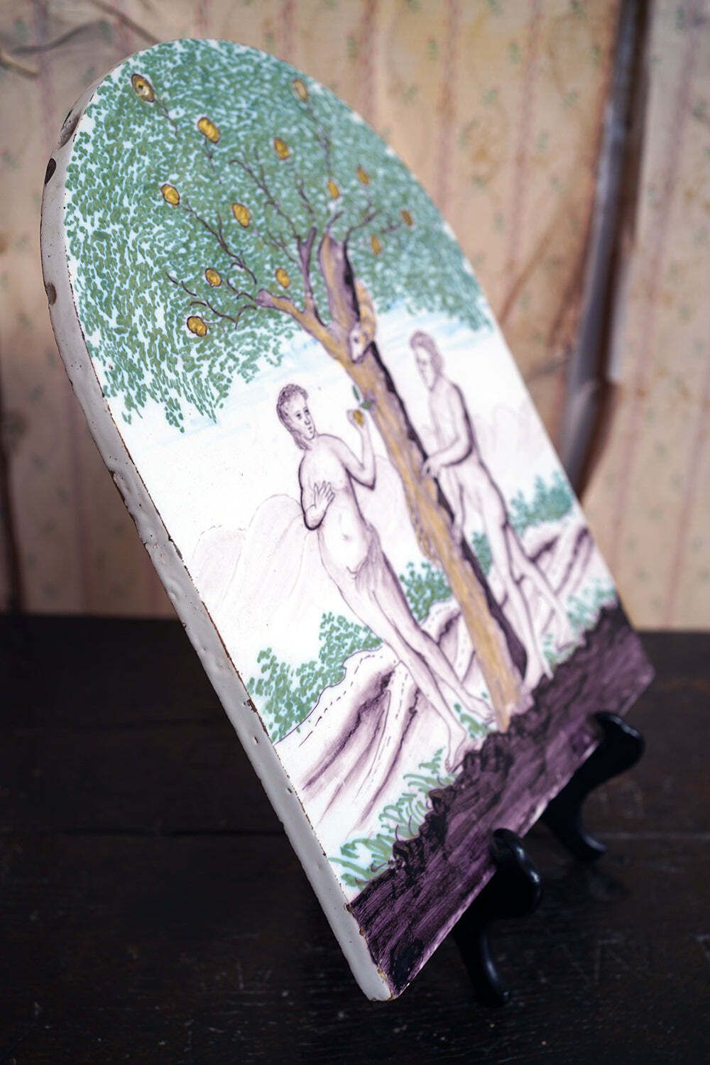 photo vintage A Large Late 18thc Earthenware Plaque Of The Fall Of Adam And Eve & The Tree Of Knowledge C.1780