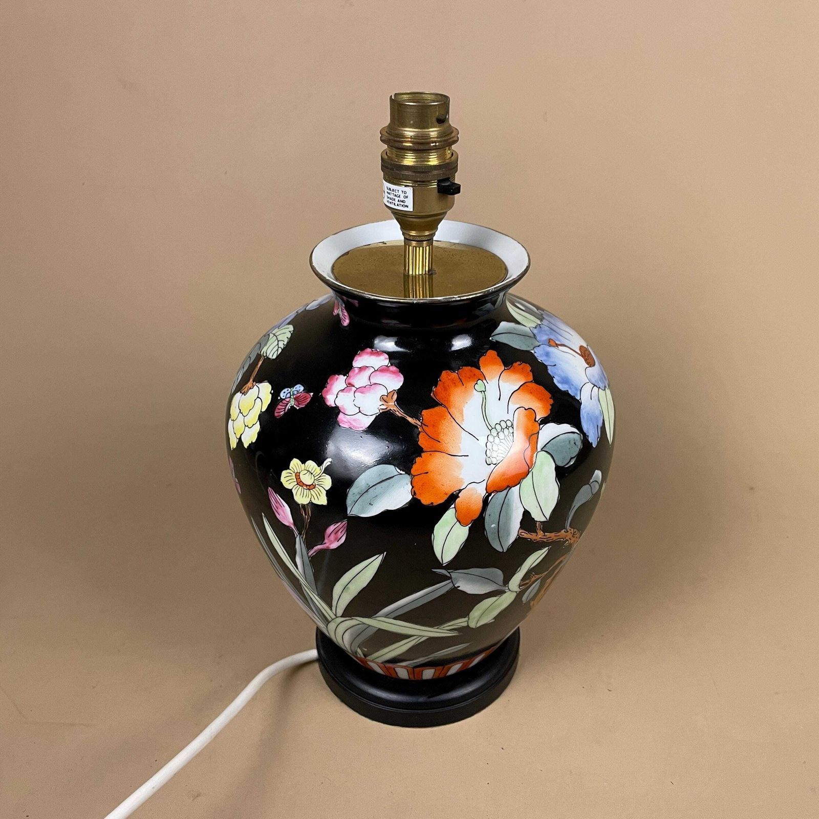 Oriental Ceramic Baluster Vase Lamp Hand Painted Black Floral Porcelain Table Lamp Chinoiserie Ornate Pattern Wood Base Ginger Jar Gold photo 89.0