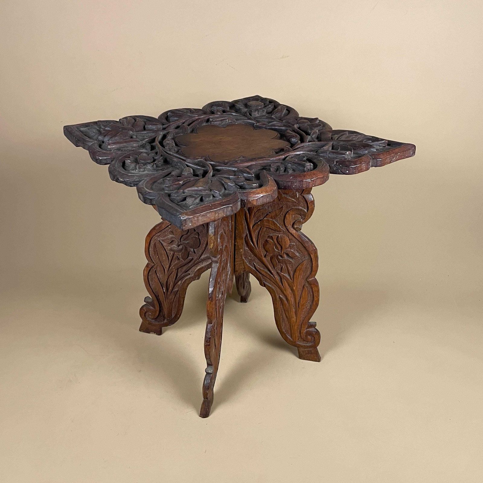 Anglo Indian Wooden Table Fold Down Campaign Decorative Intricate Patterned Hand Crafted Square C.1900 Antique Asian Plant Stand Carved Wood
