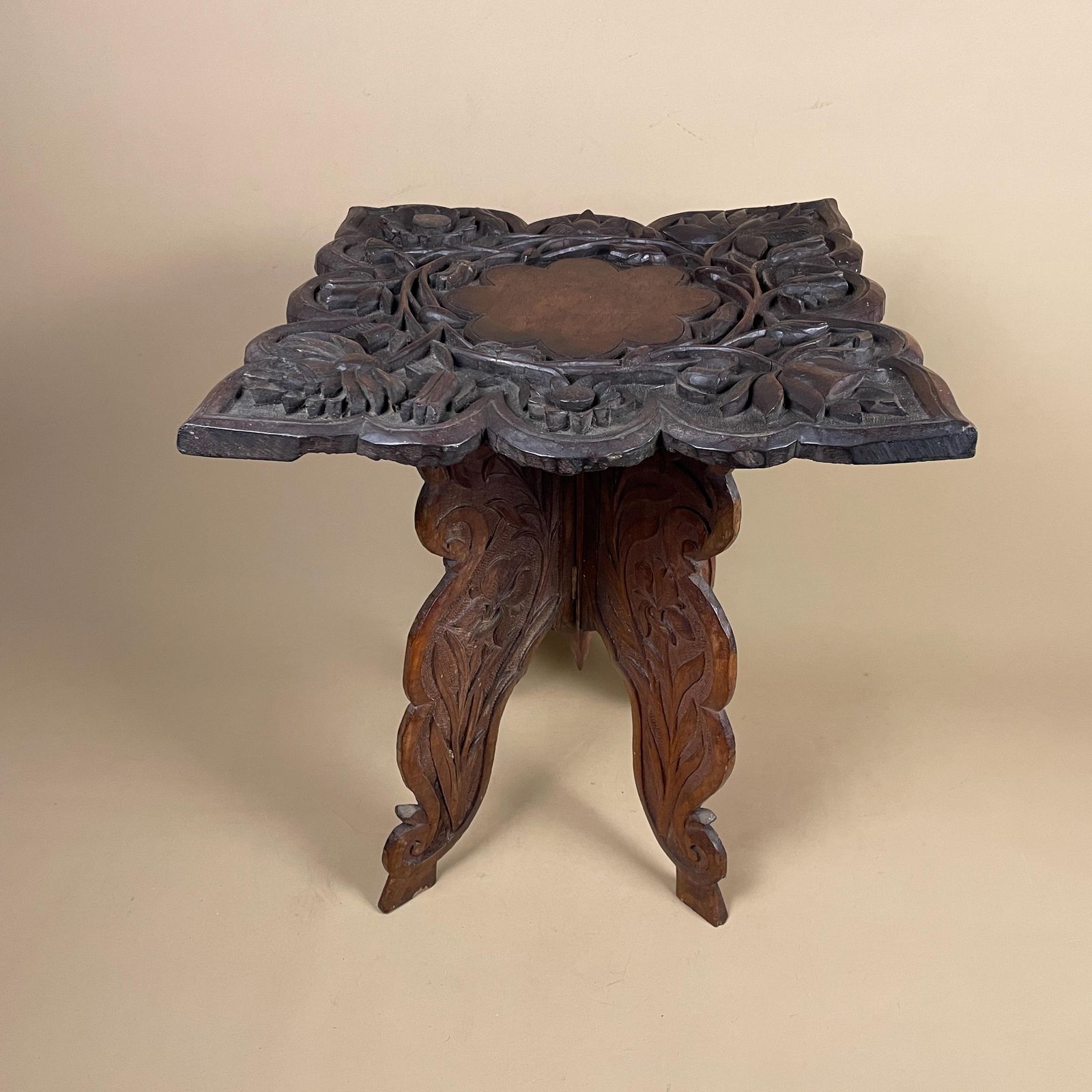 Anglo Indian Wooden Table Fold Down Campaign Decorative Intricate Patterned Hand Crafted Square C.1900 Antique Asian Plant Stand Carved Wood photo Furniture