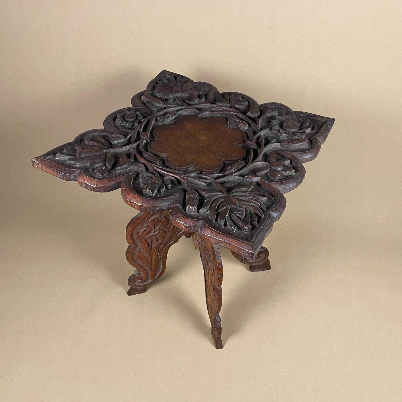 Anglo Indian Wooden Table Fold Down Campaign Decorative Intricate Patterned Hand Crafted Square C.1900 Antique Asian Plant Stand Carved Wood photo 245.0