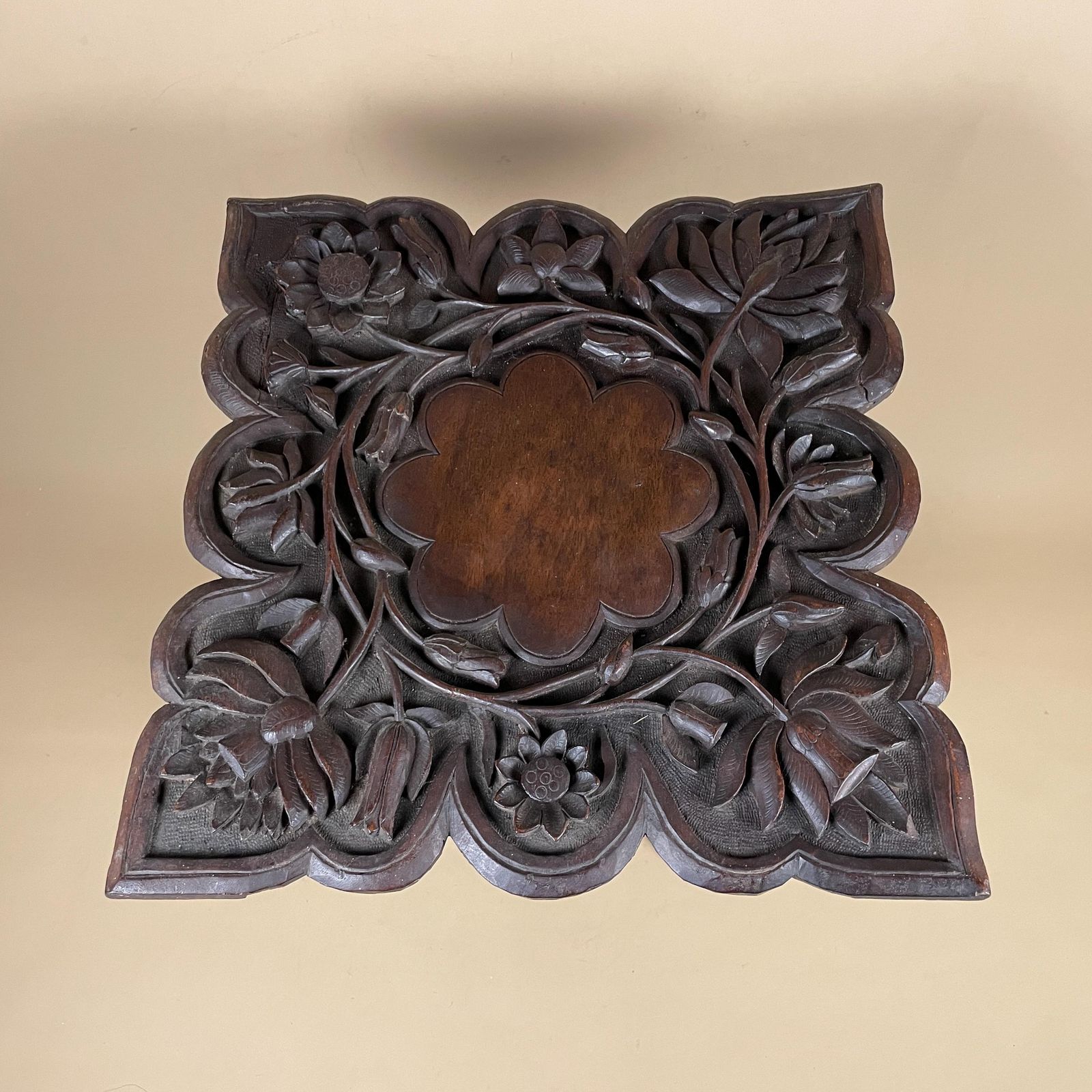 Anglo Indian Wooden Table Fold Down Campaign Decorative Intricate Patterned Hand Crafted Square C.1900 Antique Asian Plant Stand Carved Wood photo vintage