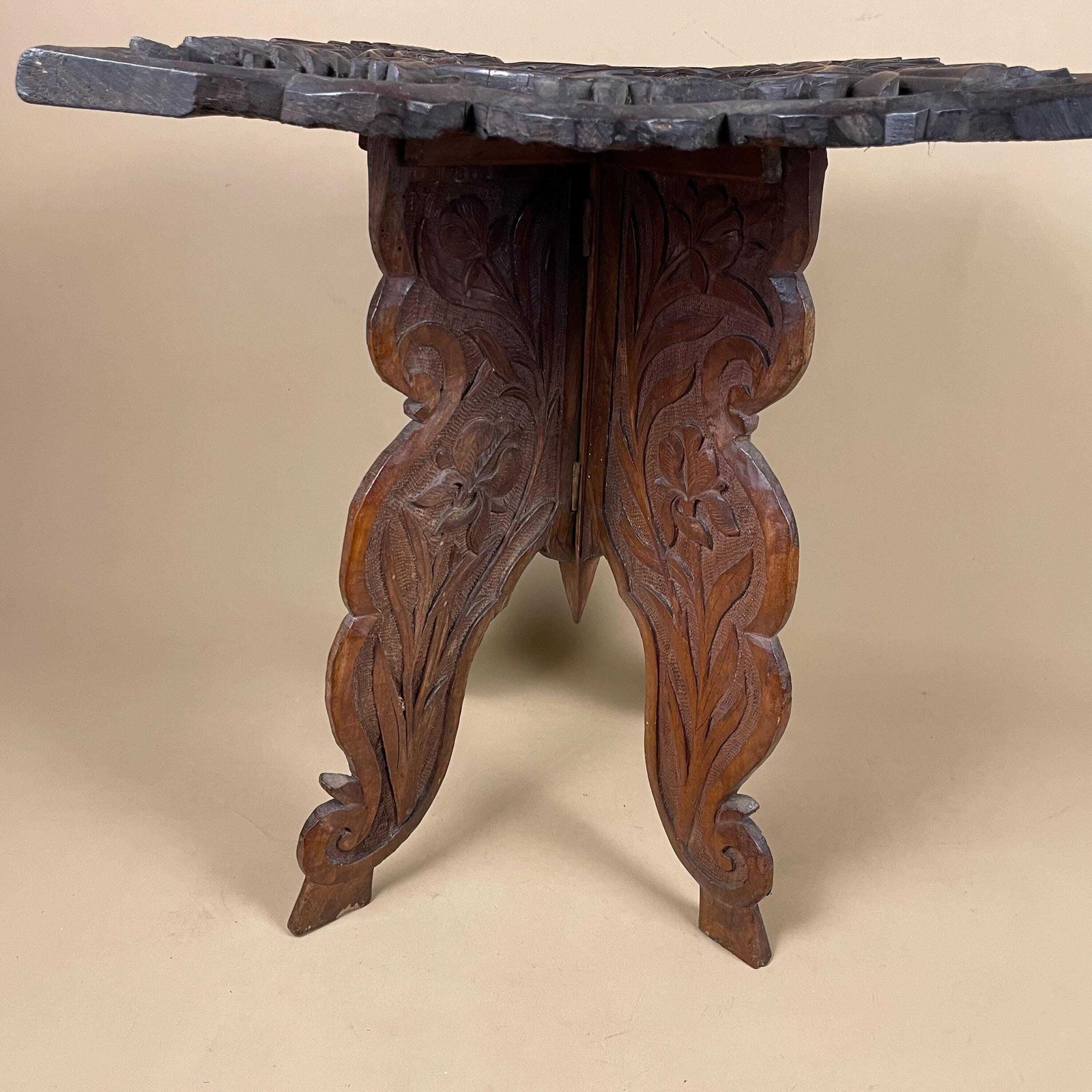photo furniture Anglo Indian Wooden Table Fold Down Campaign Decorative Intricate Patterned Hand Crafted Square C.1900 Antique Asian Plant Stand Carved Wood