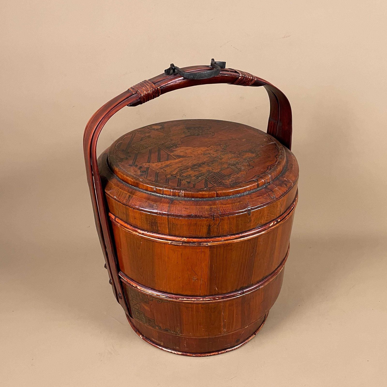 Antique Chinese Wedding Basket Ceremonial Marriage Gift Giving 3 Tier Stacking Hand Painted Asian Wooden With Handle photo 245.0