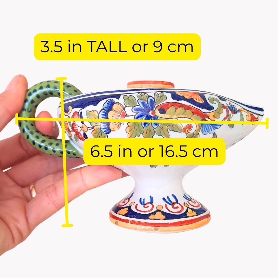 Antique French Faience Rouen Hand Painted Polychrome Chamberstick Candleholder C 1880's. photo for sale
