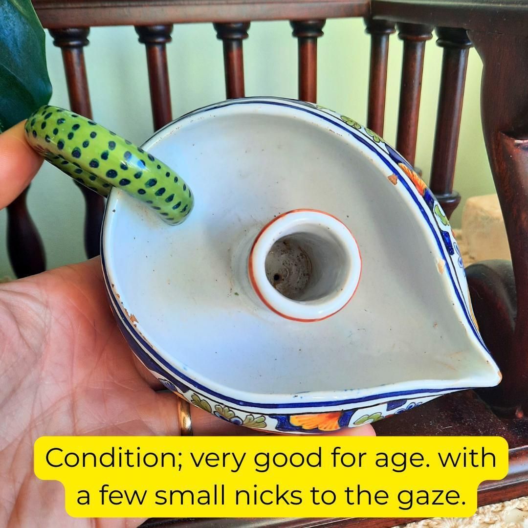 Antique French Faience Rouen Hand Painted Polychrome Chamberstick Candleholder C 1880's. photo buy