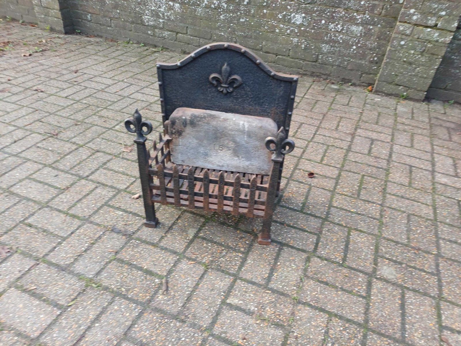 Large Heavy 1920s Cast Iron Fireplace Inset Heavy Antique Fire Basket Art Nouveau Style Original Patina Period Hearth