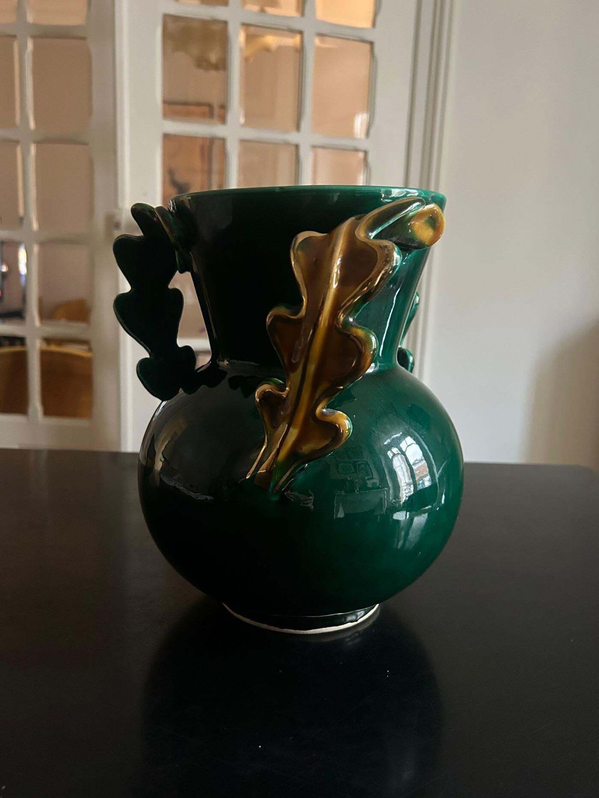 Mid Century French Ceramic Vase, Greene & Greene, Gilt Handles, Circa 1950 photo furniture