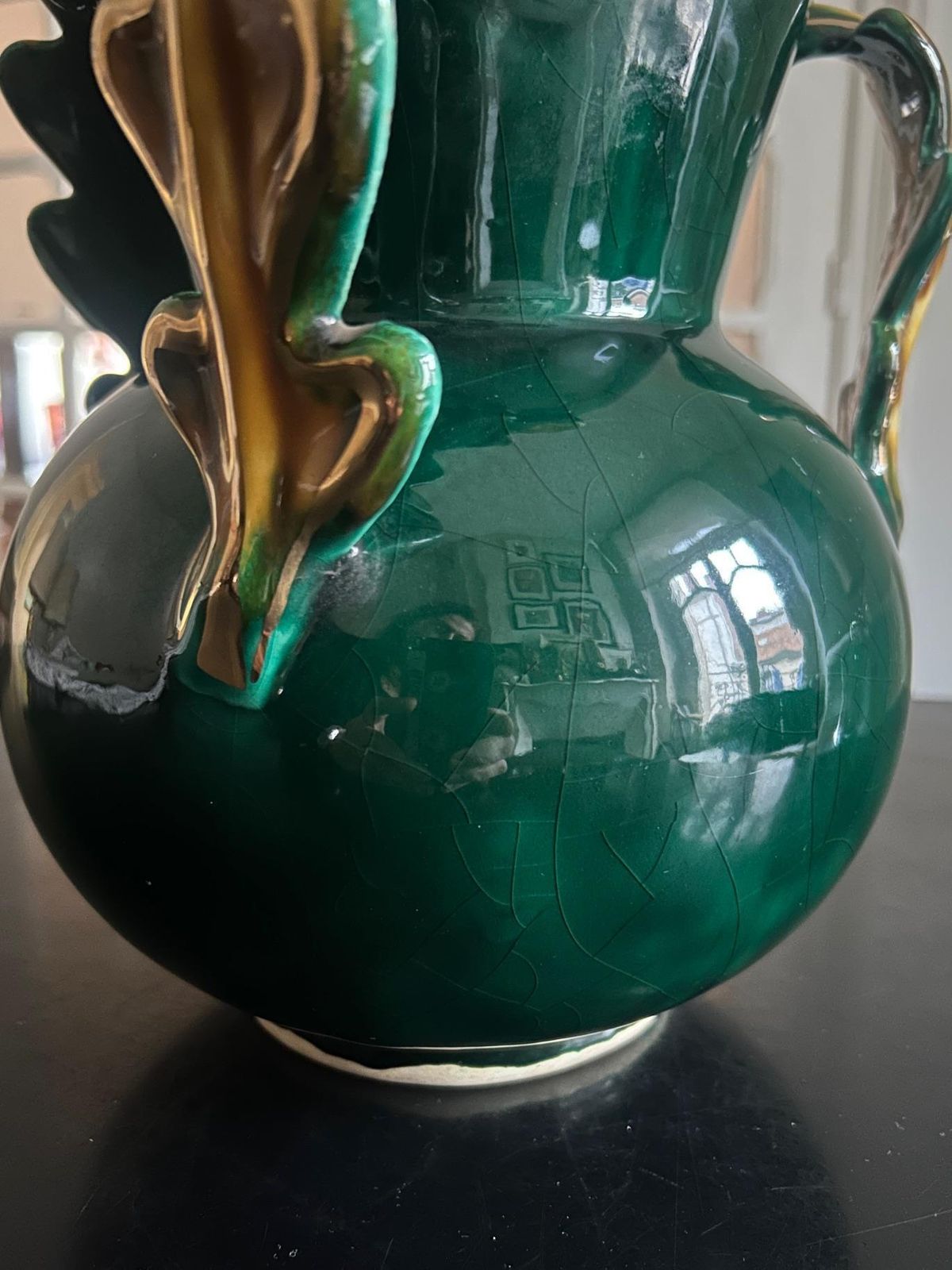 Mid Century French Ceramic Vase, Greene & Greene, Gilt Handles, Circa 1950 photo Home Decor