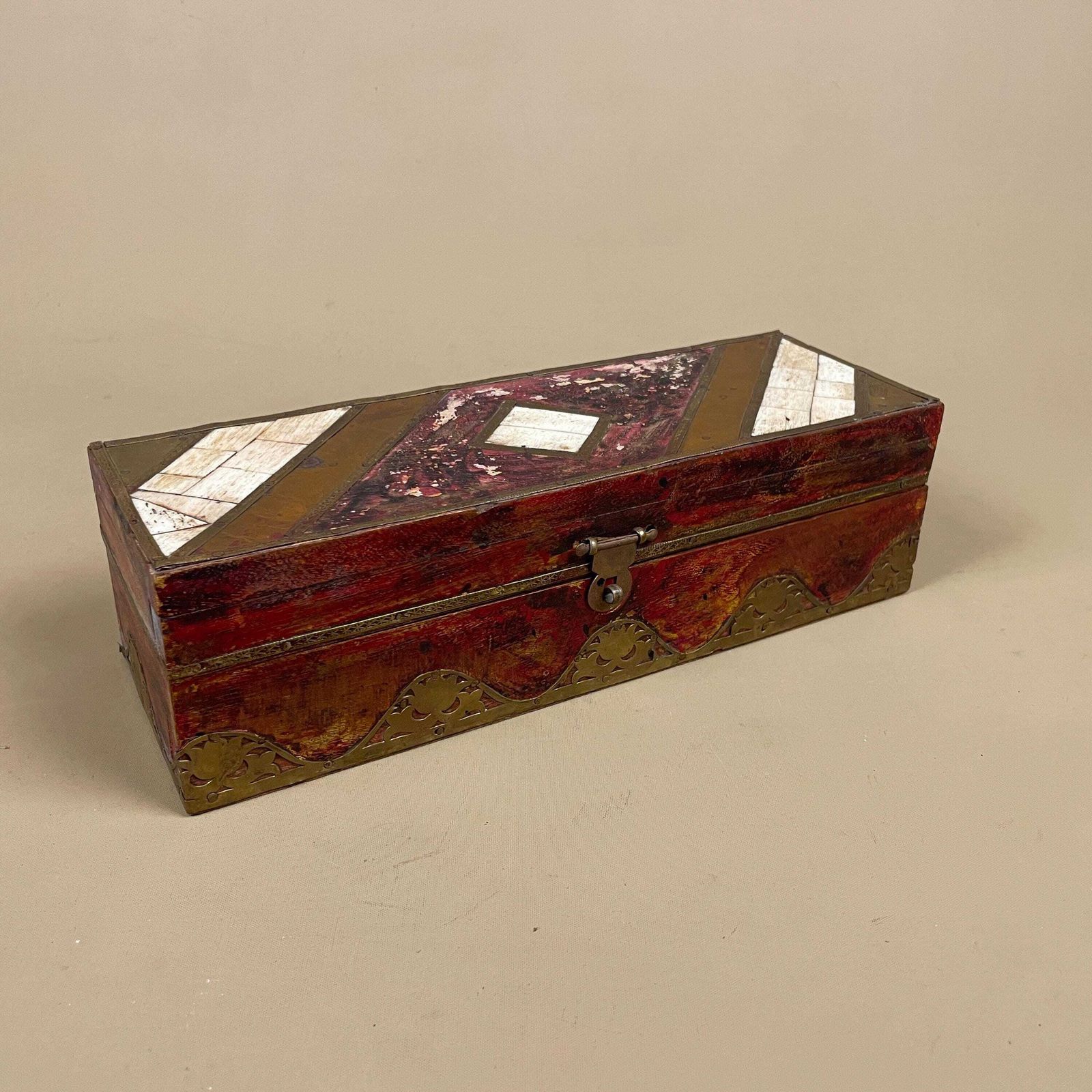 Vintage Wooden Patterned Inlay Box Trinket Jewellery Indian Geometric Rectangular Rectangle Brass Metal Detail Asian Traditional Red photo furniture