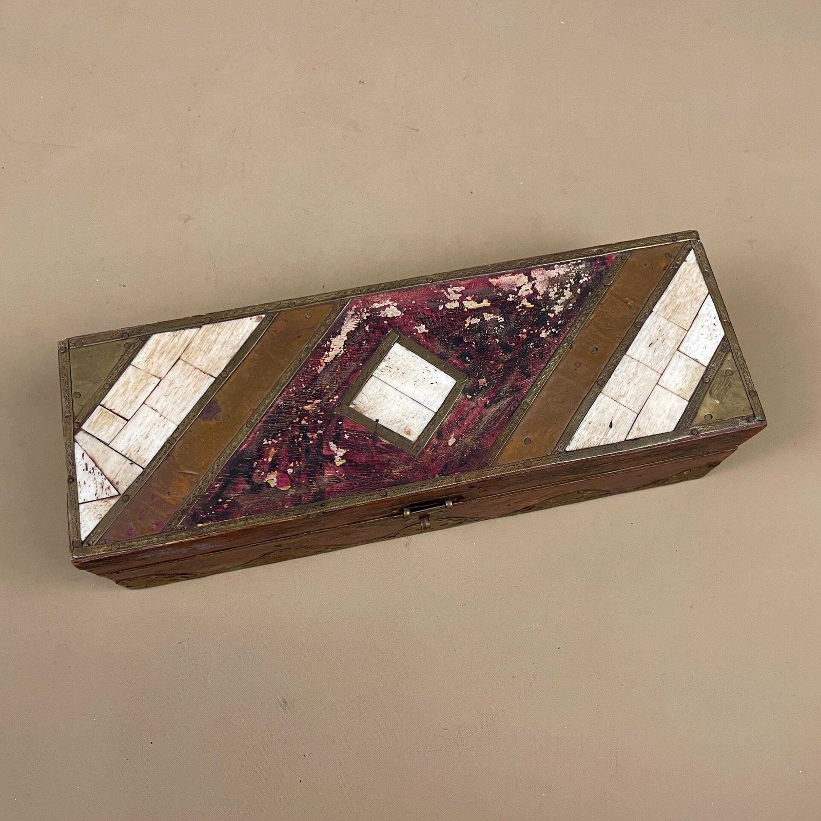 Vintage Wooden Patterned Inlay Box Trinket Jewellery Indian Geometric Rectangular Rectangle Brass Metal Detail Asian Traditional Red photo vinterior