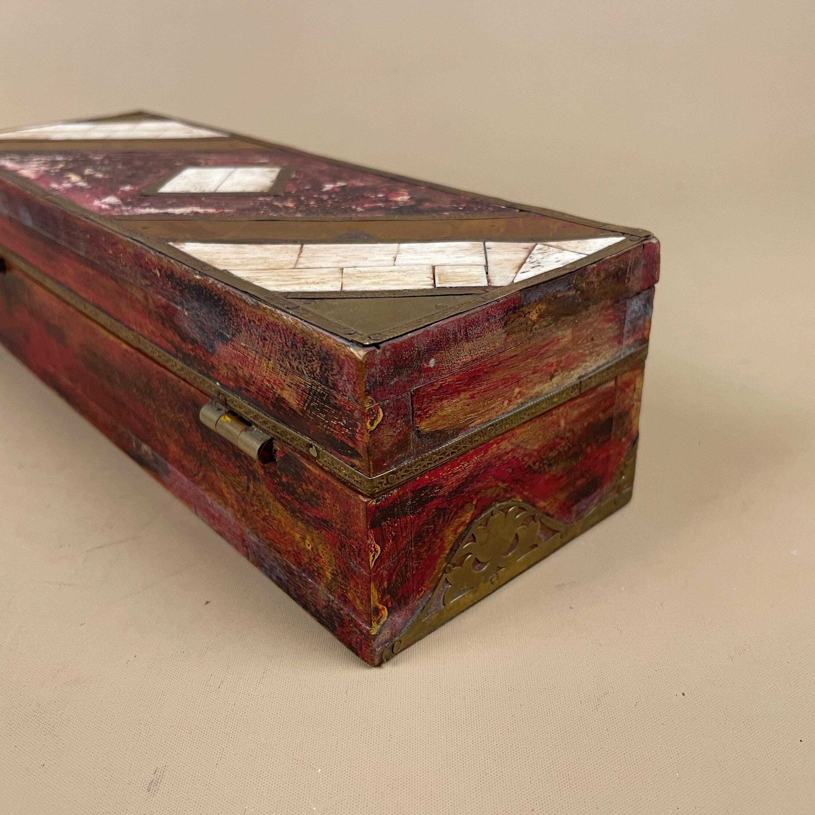 photo furniture Vintage Wooden Patterned Inlay Box Trinket Jewellery Indian Geometric Rectangular Rectangle Brass Metal Detail Asian Traditional Red