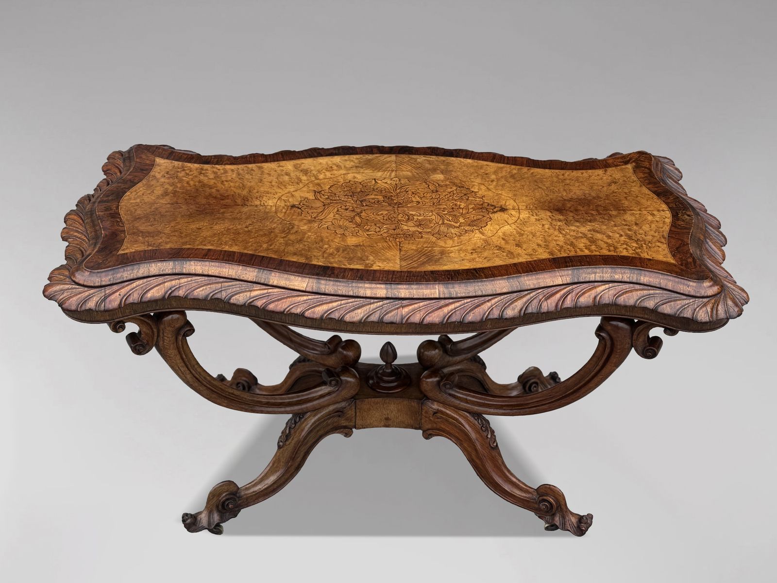 photo for sale Mid 19th Century Victorian Period Burr Walnut Carved Centre Table