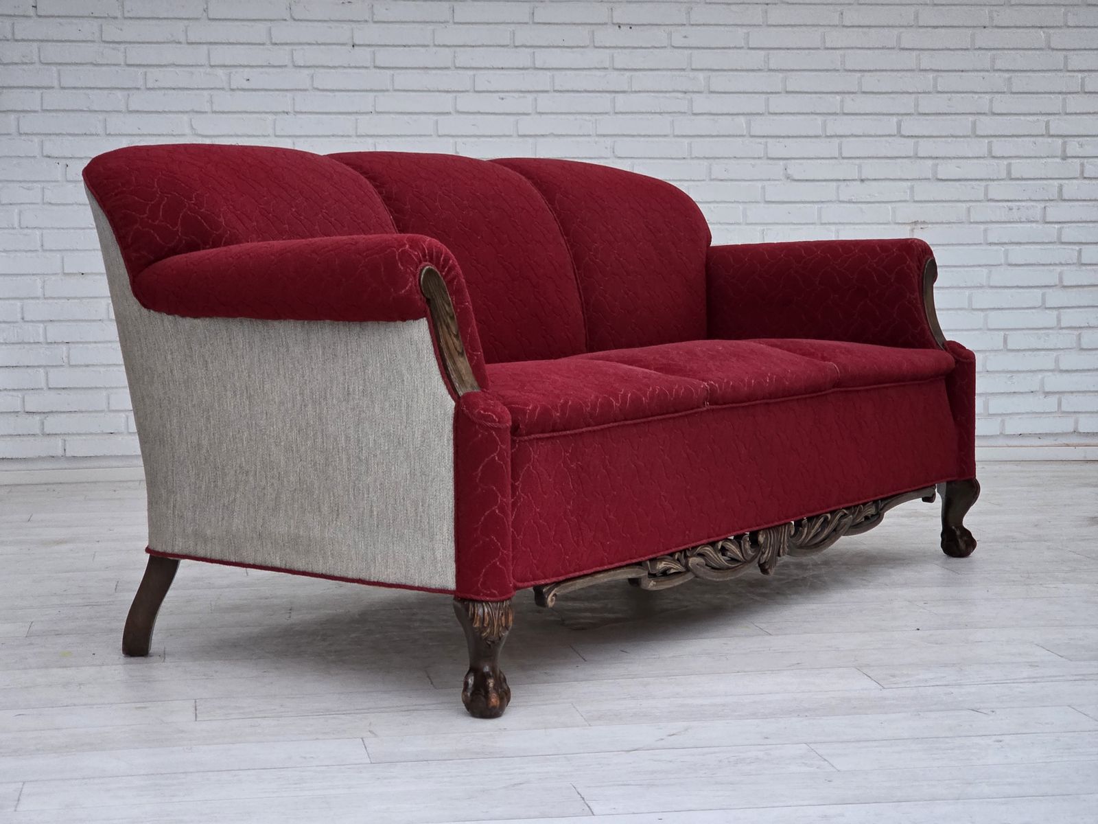 1950s, Danish 3 Seater Sofa, Red And Light Grey Furniture Wool, Carved Oak Wood. photo furniture