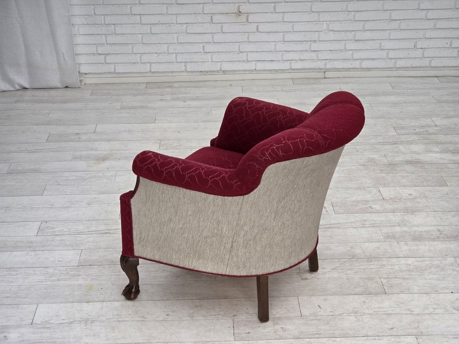 1950s, Danish Armchair, Red And Light Grey Furniture Wool, Carved Oak Wood. photo vintage