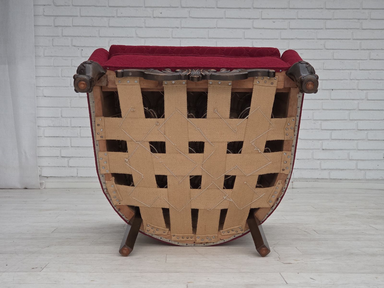 1190.0 1950s, Danish Armchair, Red And Light Grey Furniture Wool, Carved Oak Wood. photo