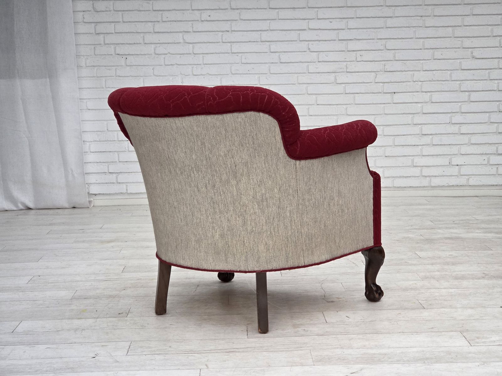 photo buy 1950s, Danish Armchair, Red And Light Grey Furniture Wool, Carved Oak Wood.