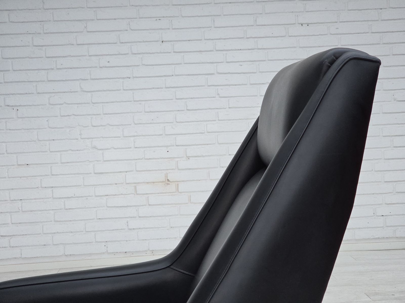photo buy 1970s, Danish Highback Armchair, Black Artificial Leather, Teak Wood Legs.