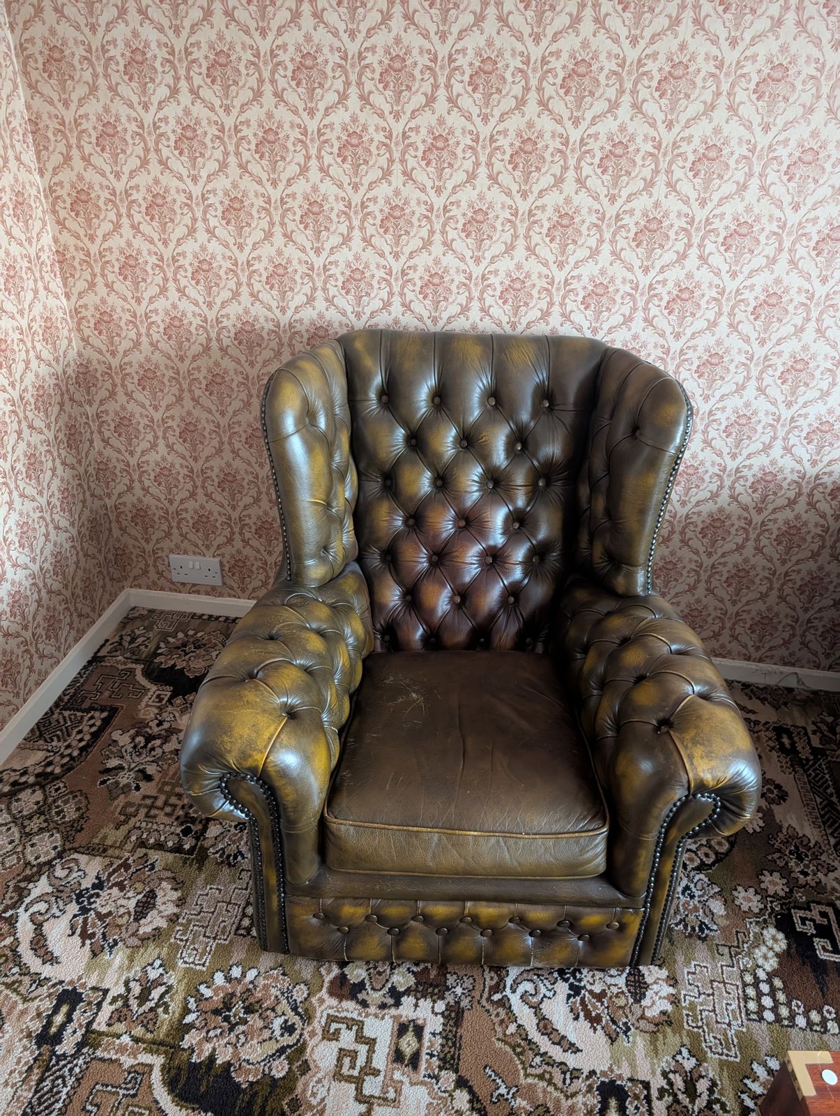 Brown/Yellowy Green Chesterfield Armchair On Wheels In Good Condition
