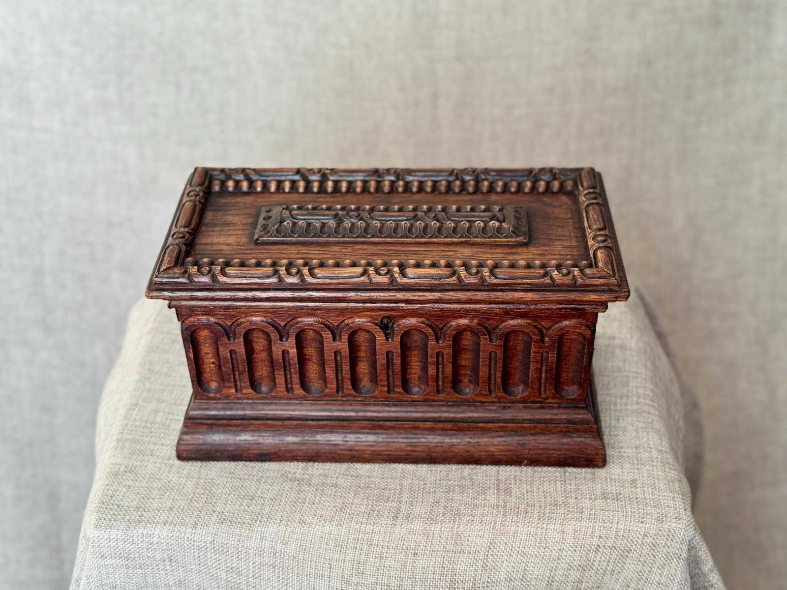photo furniture Antique Carved Wooden Jewellery Chest With Key | Gothic Revival Trinket Box | Large Decorative Wood Box | Architectural Carved Detail