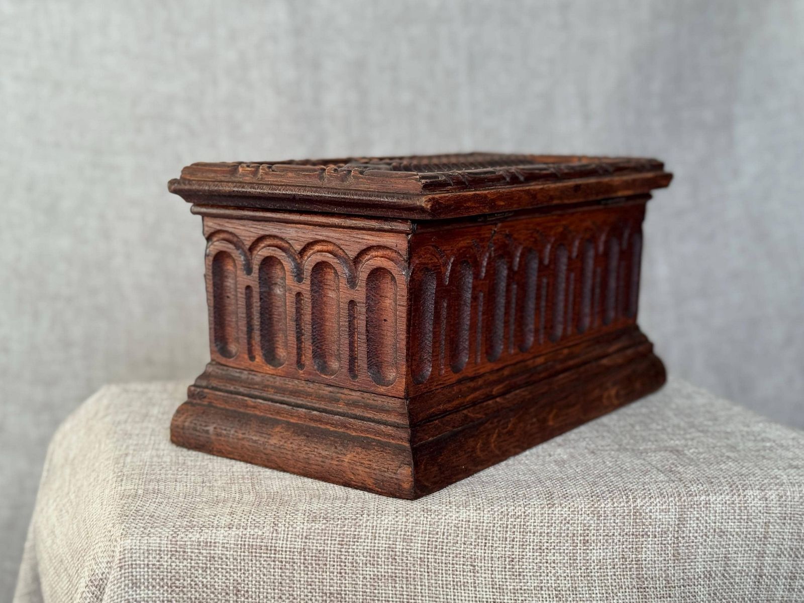 Home Decor Antique Carved Wooden Jewellery Chest With Key | Gothic Revival Trinket Box | Large Decorative Wood Box | Architectural Carved Detail photo