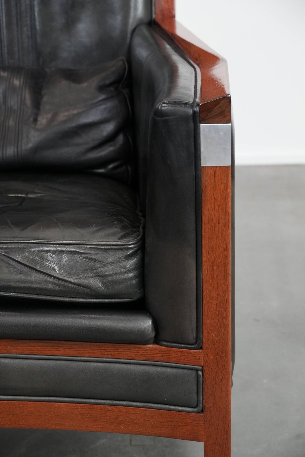 Furniture Black Cowhide And Wooden Art Deco Design Armchair With Decorative Padding photo