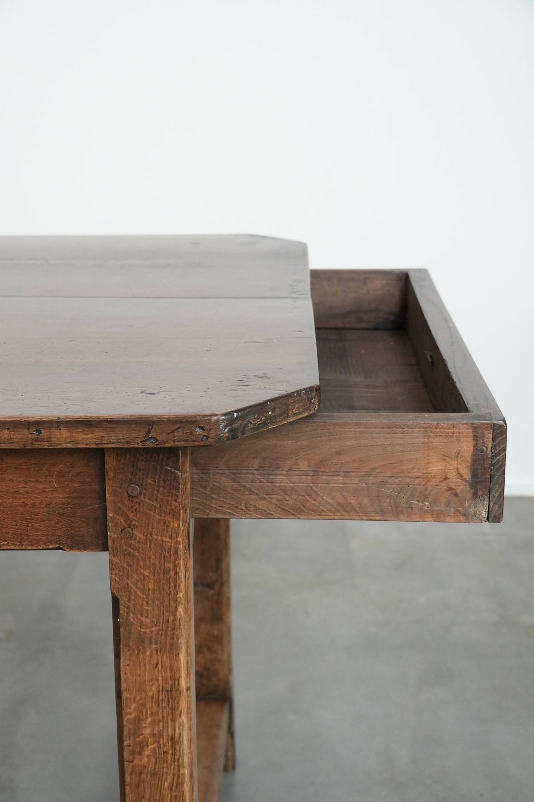 photo for sale Beautiful Antique French Dining Table For 4 To 6 People From The Late 18th/Early 19th Century With An Oak Top, A Drawer And A Bread/Pull Out Shelf