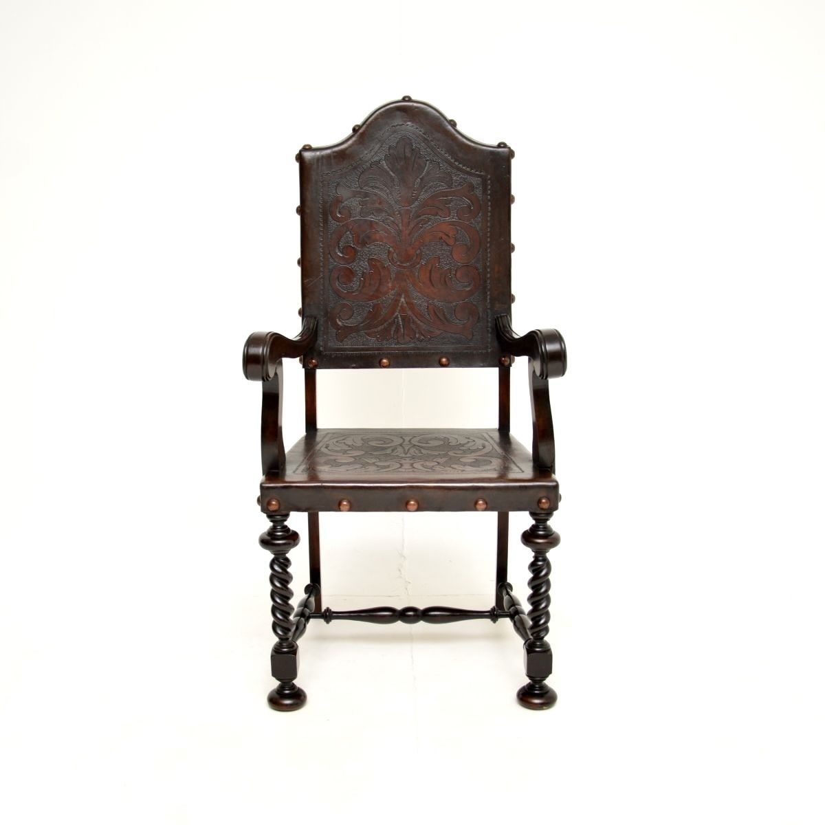Set Of Six Antique Portuguese Embossed Leather And Walnut Dining Chairs photo Furniture