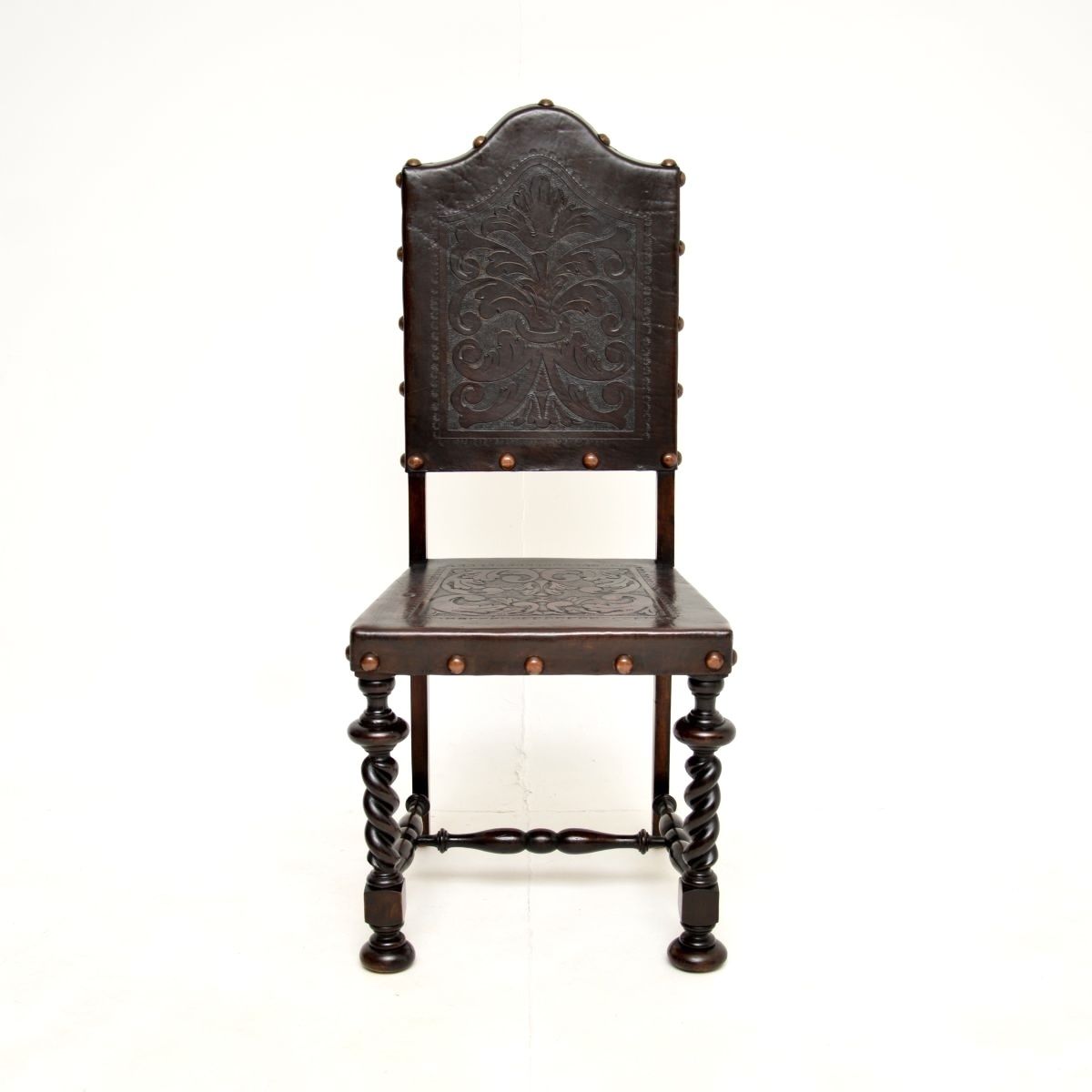 Set Of Six Antique Portuguese Embossed Leather And Walnut Dining Chairs photo vinterior