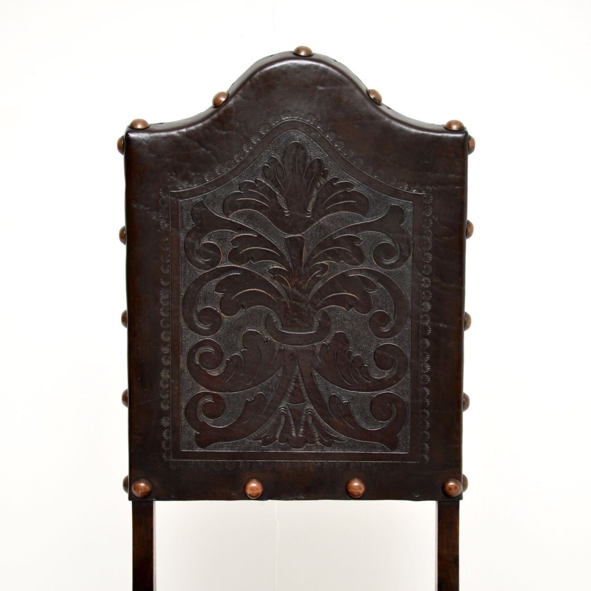 Set Of Six Antique Portuguese Embossed Leather And Walnut Dining Chairs photo buy