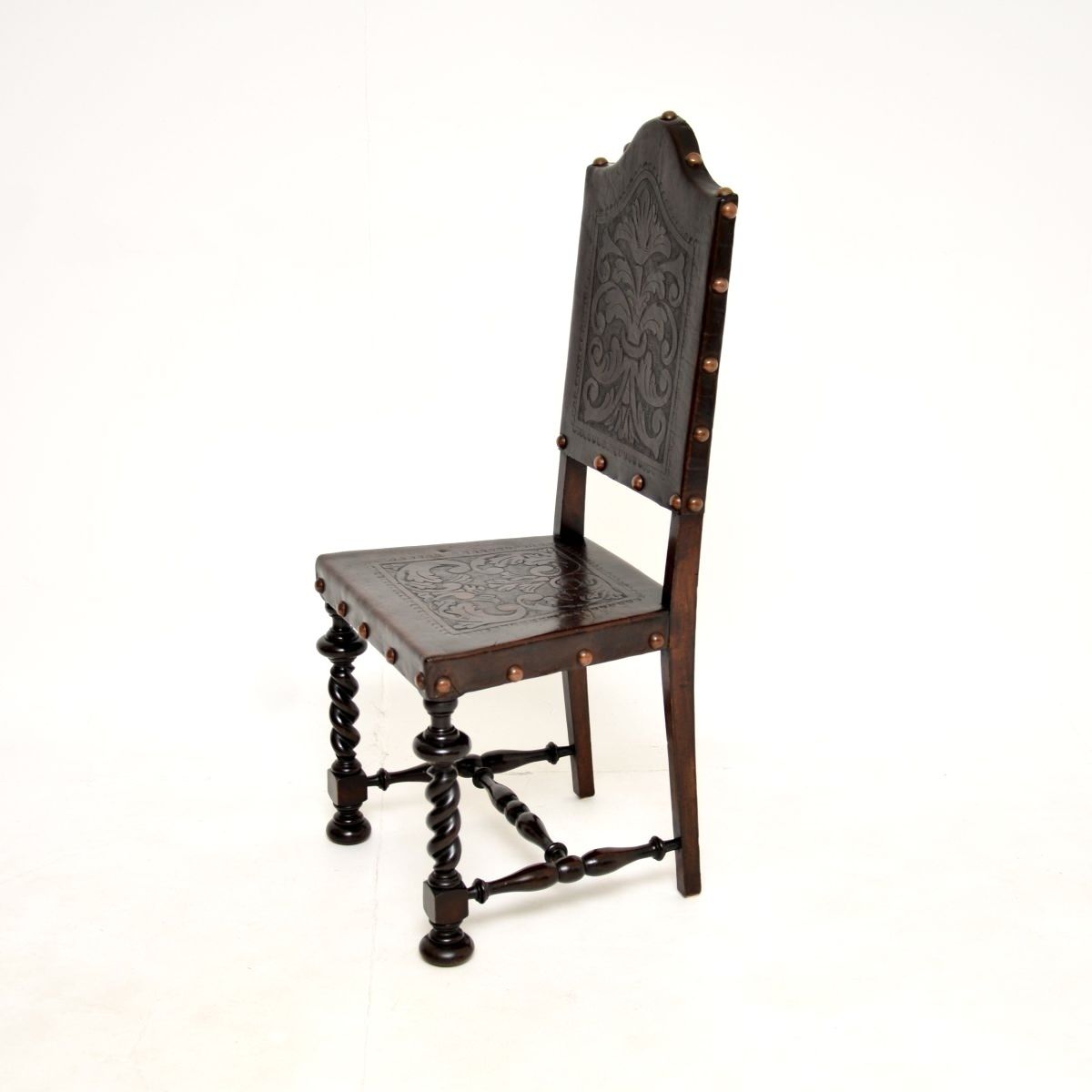 photo vintage Set Of Six Antique Portuguese Embossed Leather And Walnut Dining Chairs
