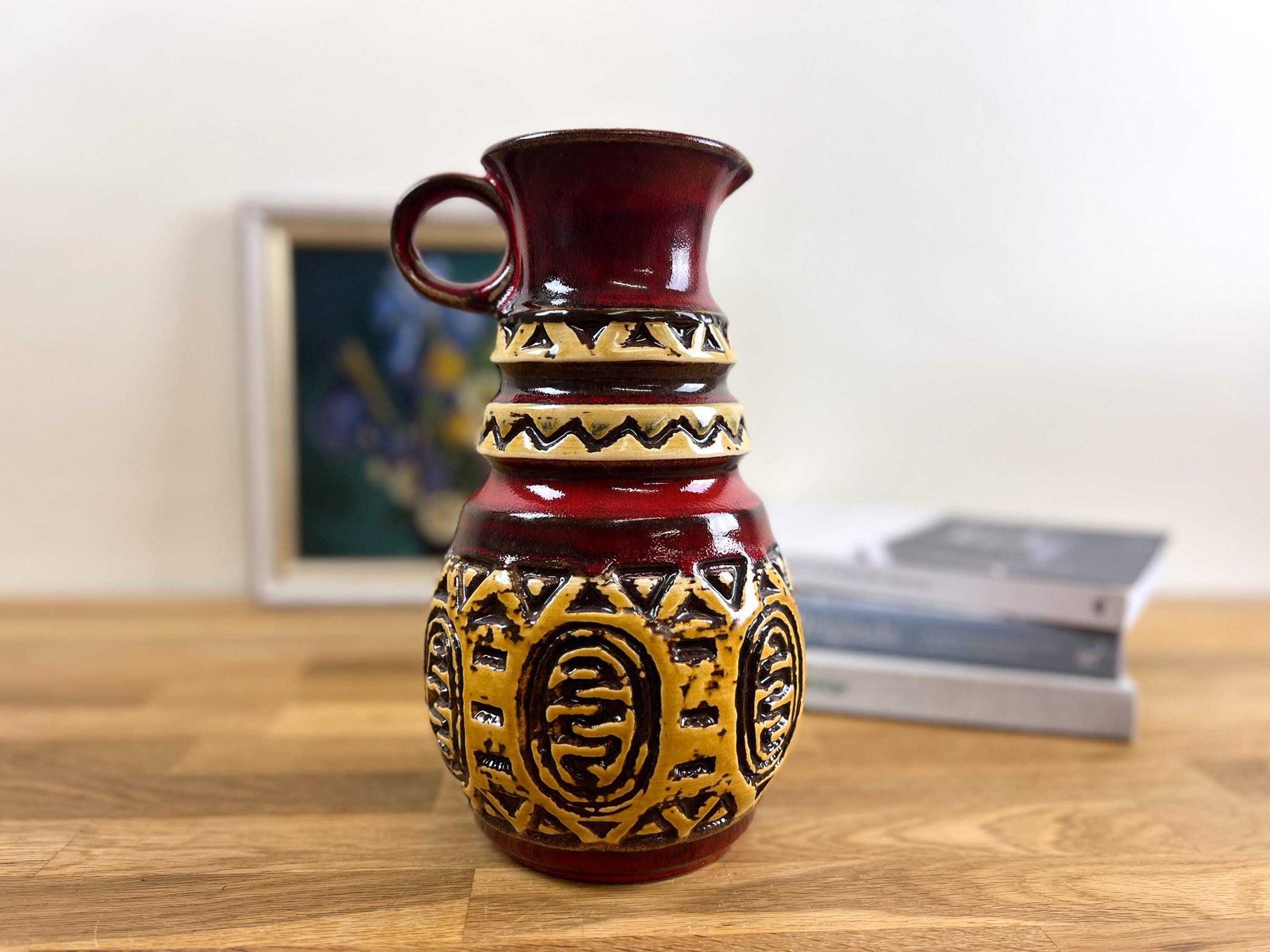 ü Keramik Red And Yellow Relief Vase   West German Ethnic Looking Ceramic Vase photo furniture