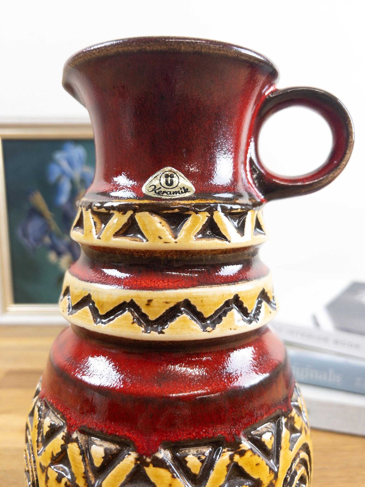 ü Keramik Red And Yellow Relief Vase   West German Ethnic Looking Ceramic Vase photo vintage