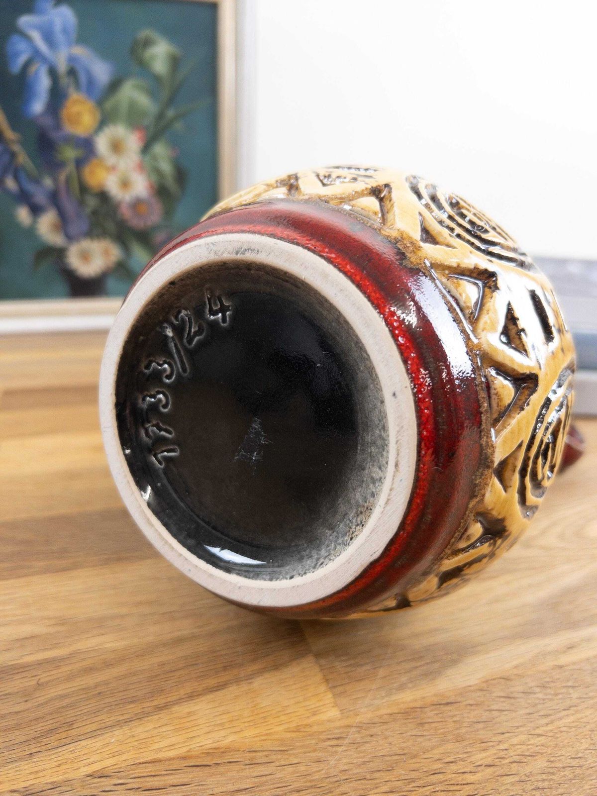 65.0 ü Keramik Red And Yellow Relief Vase   West German Ethnic Looking Ceramic Vase photo