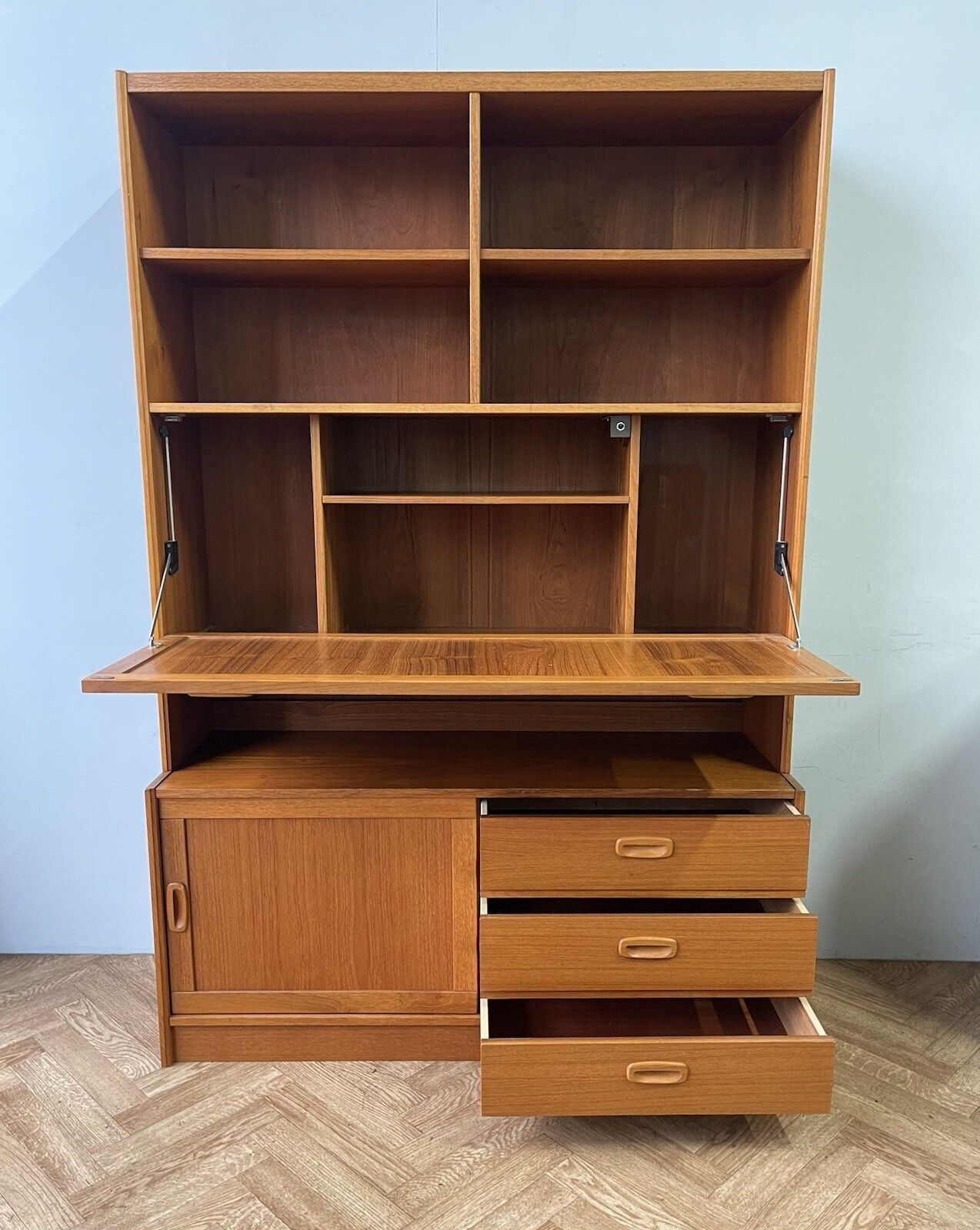 Danish Mid Century Vintage Teak Wall Unit Sideboard Drinks Cabinet Drawers photo for sale