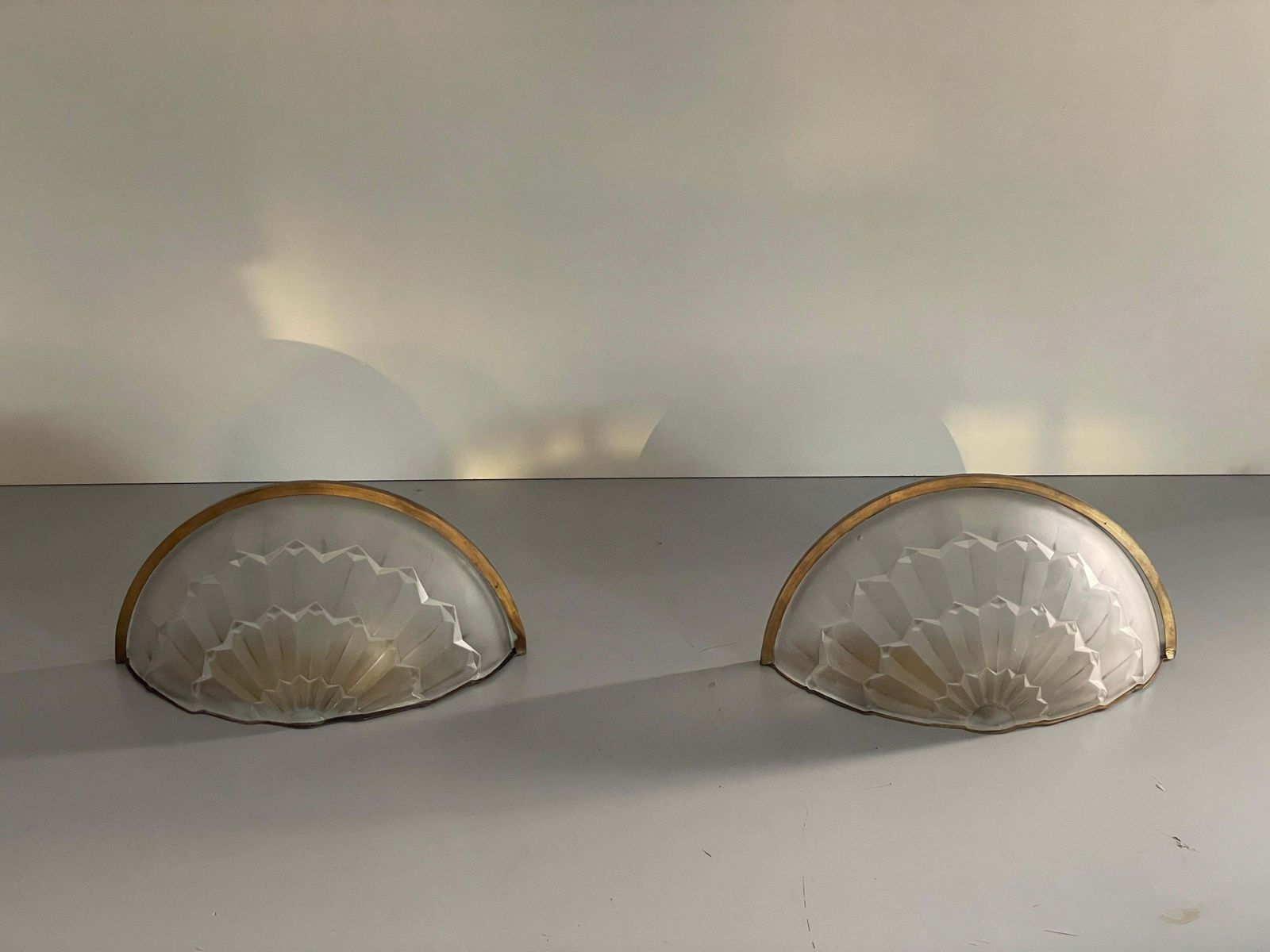 White French Glass And Brass Frame Pair Of Sconces, 1950s, France photo Lighting