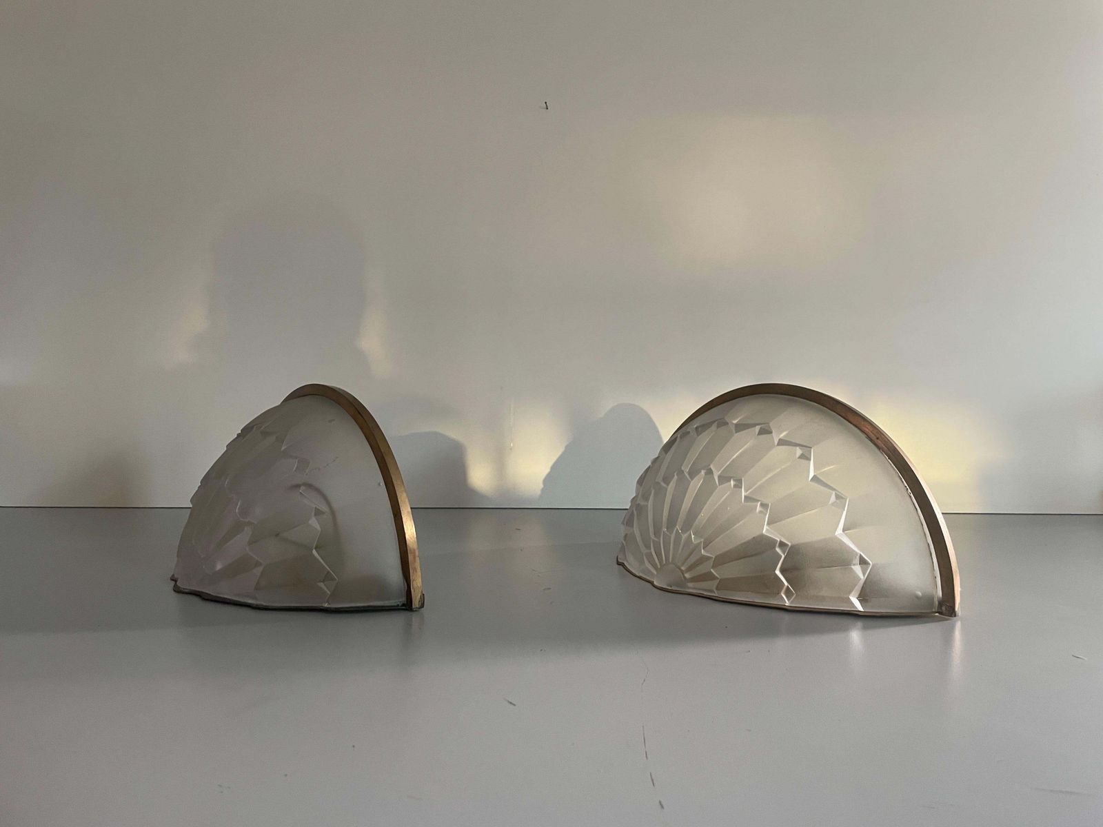photo buy White French Glass And Brass Frame Pair Of Sconces, 1950s, France