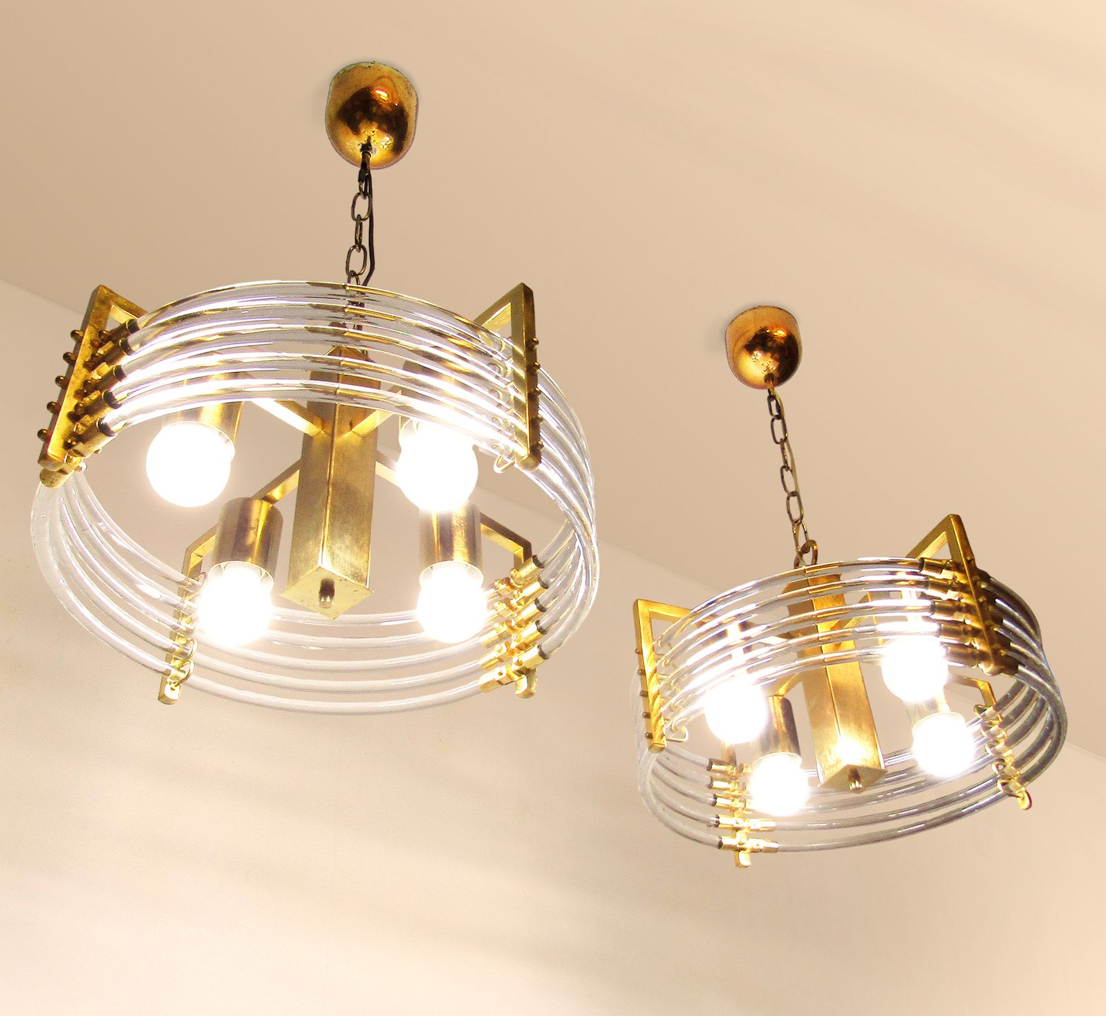 Pair Of 1970s Italian Ufo Chandeliers By Gaetano Sciolari In Gold & Murano Glass