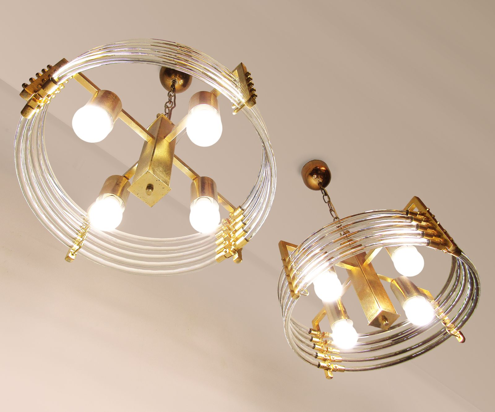 Pair Of 1970s Italian Ufo Chandeliers By Gaetano Sciolari In Gold & Murano Glass photo buy