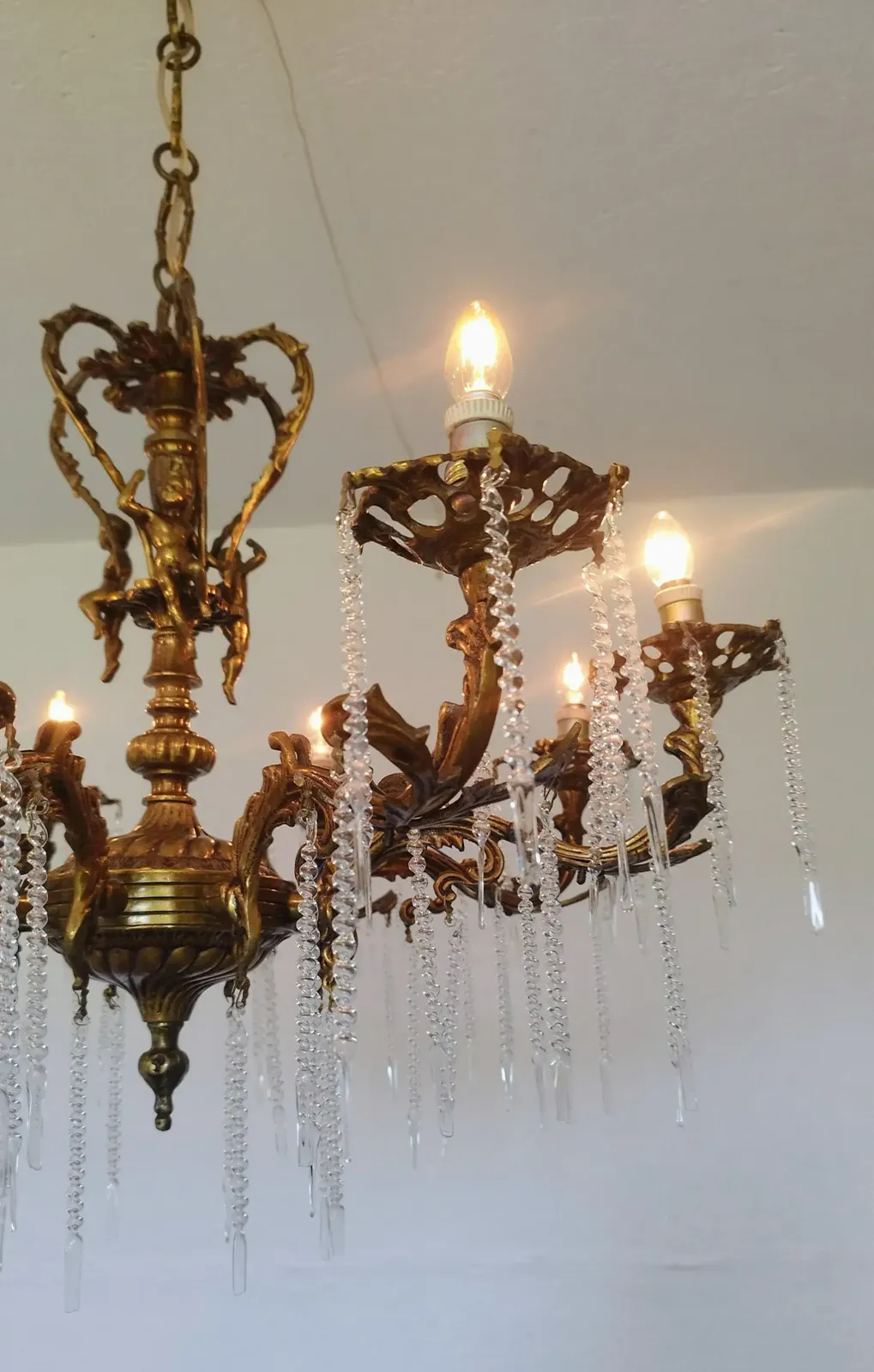 1970s Vintage Solid Bronze Rococo Cherub Chandelier – 8 Light Putti Centerpiece Hollywood Regency photo for sale