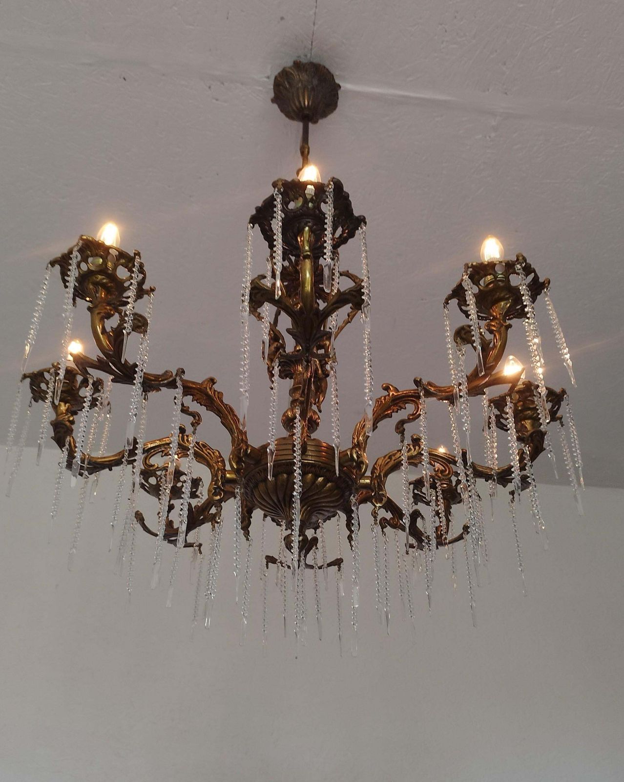 1970s Vintage Solid Bronze Rococo Cherub Chandelier – 8 Light Putti Centerpiece Hollywood Regency photo Lighting