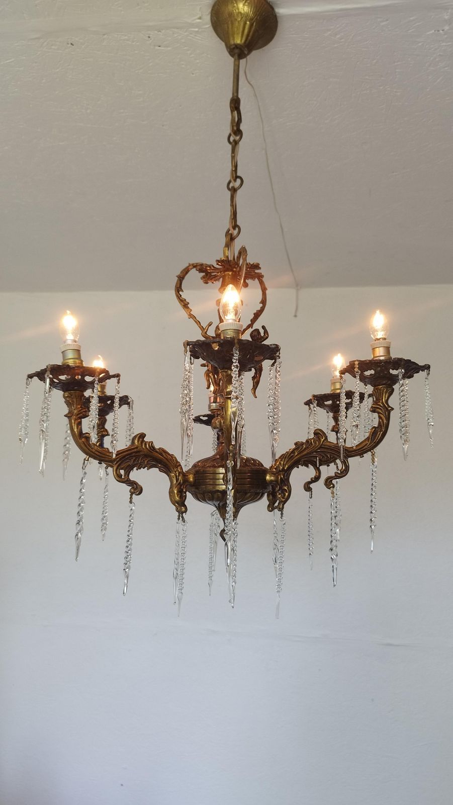 2405.0 1970s Vintage Solid Bronze Rococo Cherub Chandelier 6 Light Putti Centerpiece Hollywood Regency photo