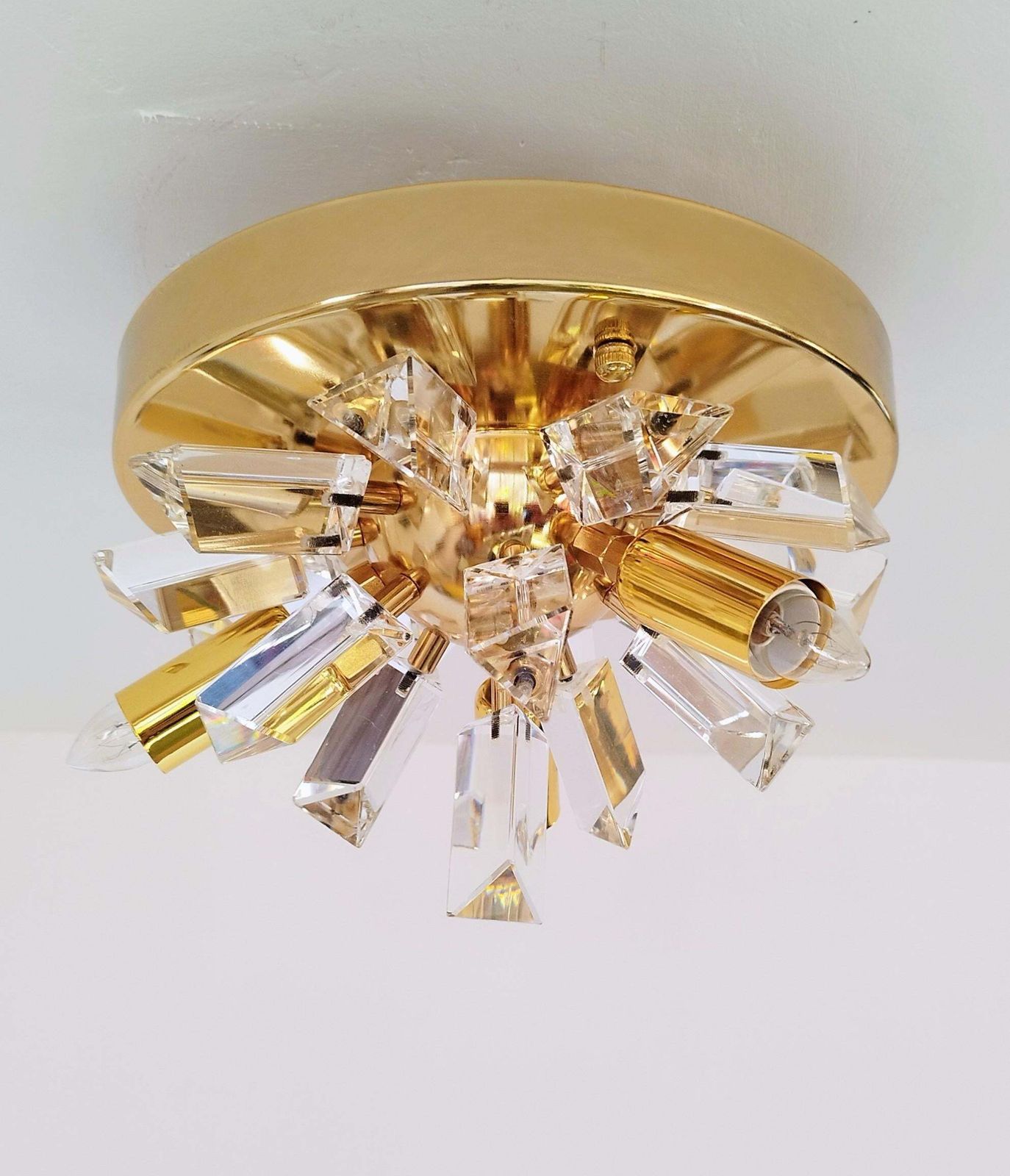 Italian Crystal Rainbow Prism Flush Mount Mid Century Starburst Light photo for sale