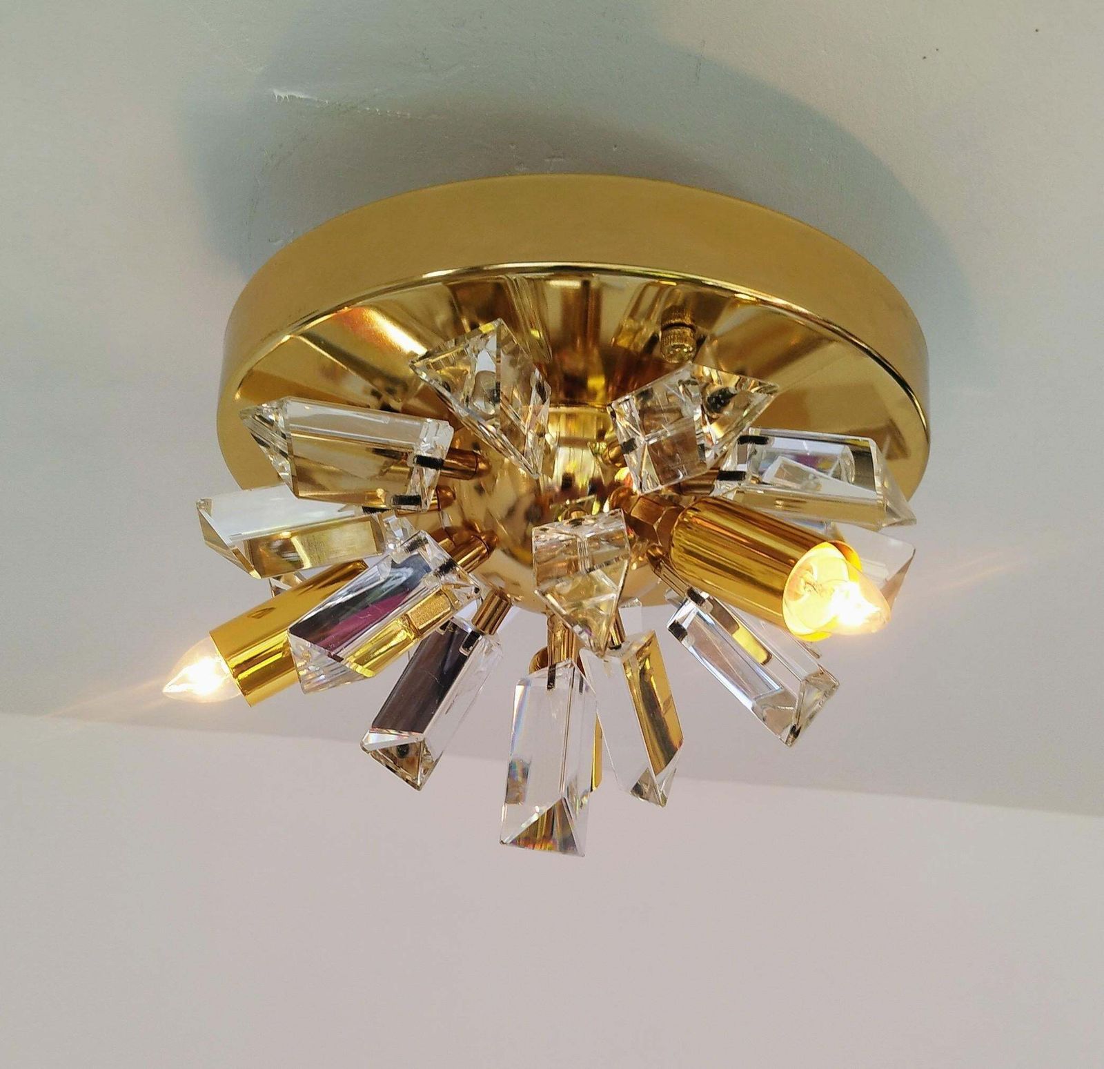 Italian Crystal Rainbow Prism Flush Mount Mid Century Starburst Light photo Lighting
