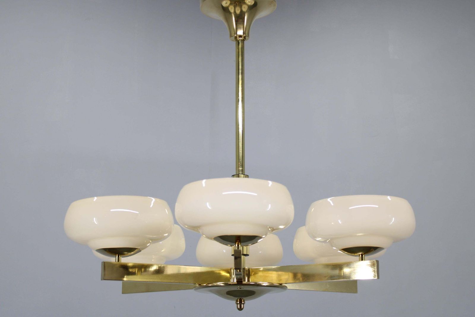 Art Deco Brass Chandelier With Opaline Glass, Czechoslovakia, 1930s photo furniture