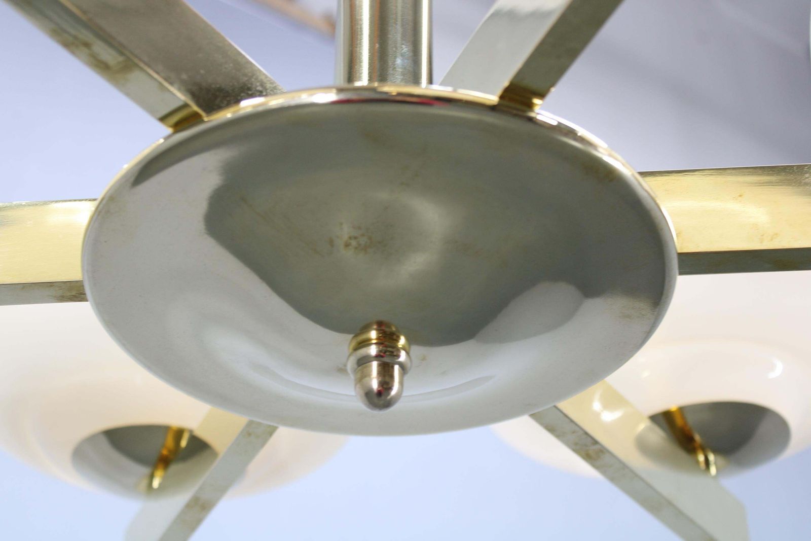 Lighting Art Deco Brass Chandelier With Opaline Glass, Czechoslovakia, 1930s photo