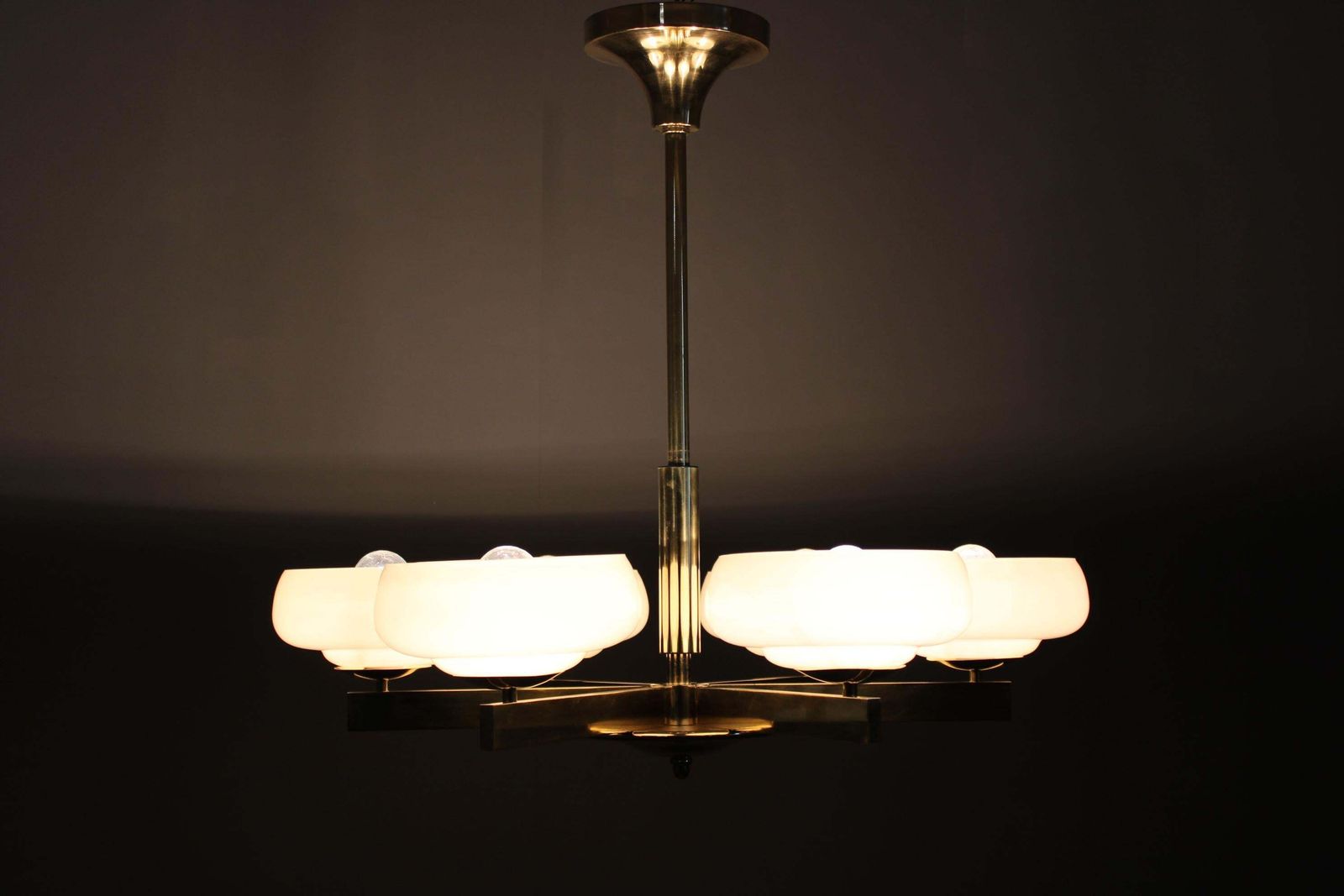 photo vinterior Art Deco Brass Chandelier With Opaline Glass, Czechoslovakia, 1930s